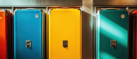 Four colorful metal lockers with chrome handles and catches arranged in a row.