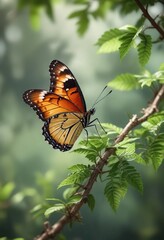 Obraz premium Single butterfly perched on a branch with shallow depth of field, natural scenery, macro photography
