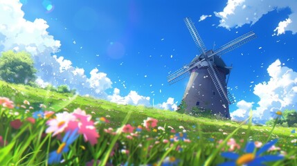 A windmill stands on a hill covered in colorful flowers under a bright blue sky with fluffy clouds and flying petals
