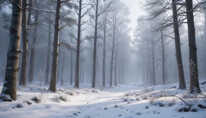 Fototapeta premium Snowflakes gently falling on a serene winter forest landscape, snowy woods, calm and quiet , snow covered ground