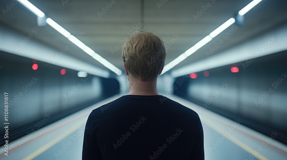 Aufkleber man standing alone in a subway tunnel with modern architecture and illumination, capturing a sense o