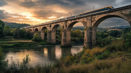 Fototapeta premium Ancient Stone Train Crossing at Sunset