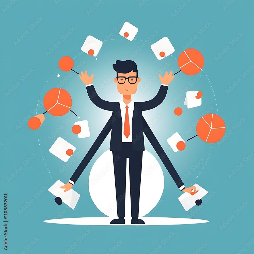 Poster a salesperson managing a high-stress environment with a calm, focused expression while juggling mult
