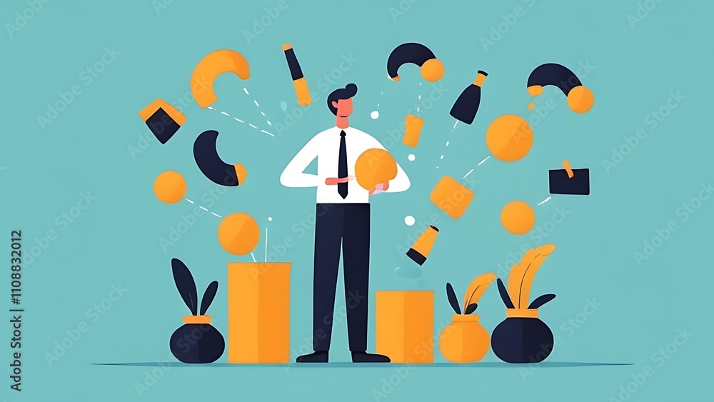 Poster a salesperson managing a high-stress environment with a calm, focused expression while juggling mult