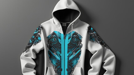 White and black hoodie featuring bold sci-fi patterns and neon blue details, ideal for gamers and esports enthusiasts