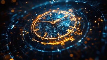 Futuristic glowing clock with digital elements.