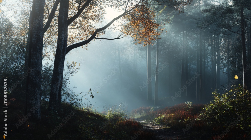 Poster sunbeams filtering through fog in autumn forest with path