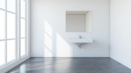 Fototapeta premium Minimalist Interior Design with Modern Sink and Bright Natural Light Streaming Through Large Windows in a Spacious Room