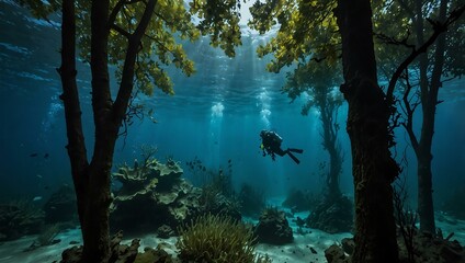 Obraz premium Scuba diving in Hemmoor, Germany, with trees underwater.