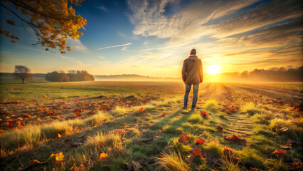 Fototapeta premium Photorealistic Person Watching Shadow Stretch Across Field in Golden Hour, Serene Landscape