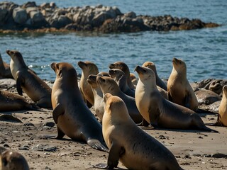 Fototapeta premium Sea lions and cormorants together.