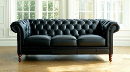 Classic Black Leather Chesterfield Sofa