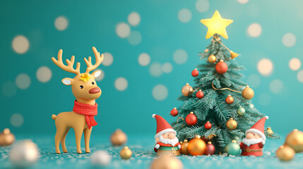 merry christmas, Festive Reindeer, gnomes and Christmas Tree A playful 3D scene with a cheerful reindeer wearing a red scarf  ,Generative ai