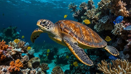 Fototapeta premium Sea turtle gliding through a vibrant coral reef.