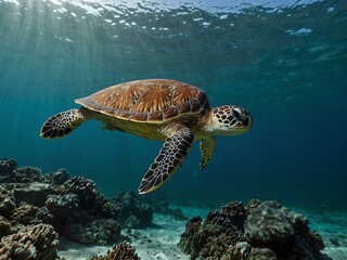 Obraz premium Sea turtle swimming in the ocean.
