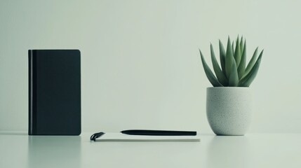 Minimalistic workspace with a notebook and plant