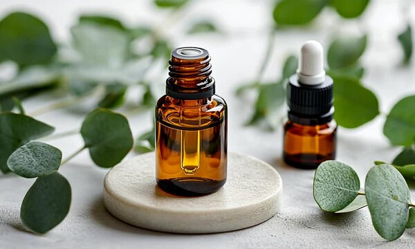 An amber glass bottle of essential oil on a wooden base surrounded by green leaves.