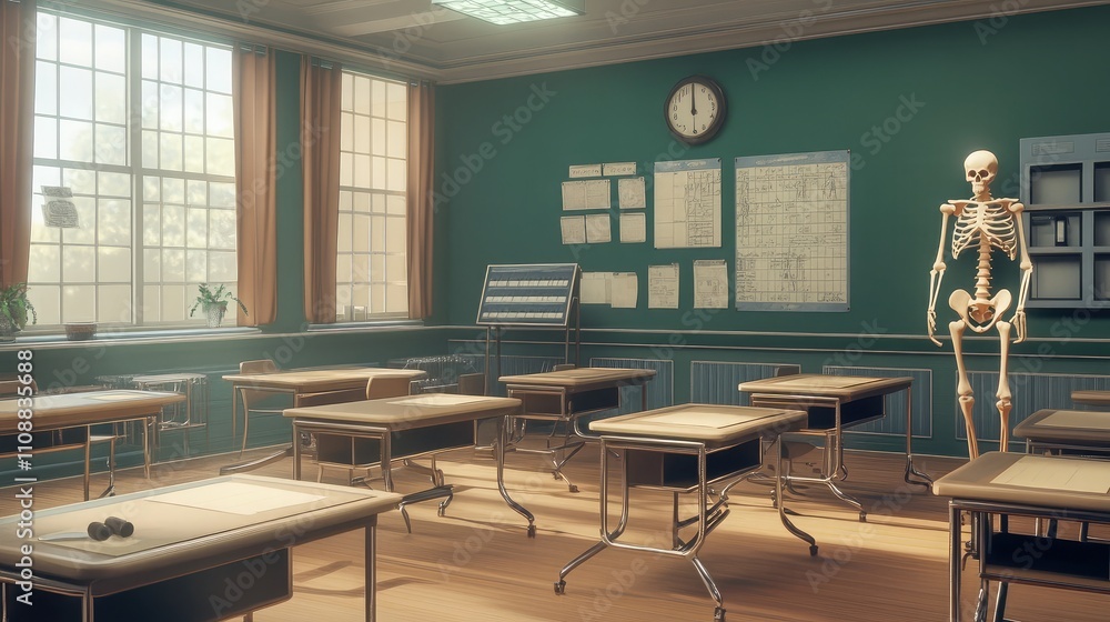 Poster a realistic classroom with tables, chairs, and a skeleton model displayed in a bright learning envir