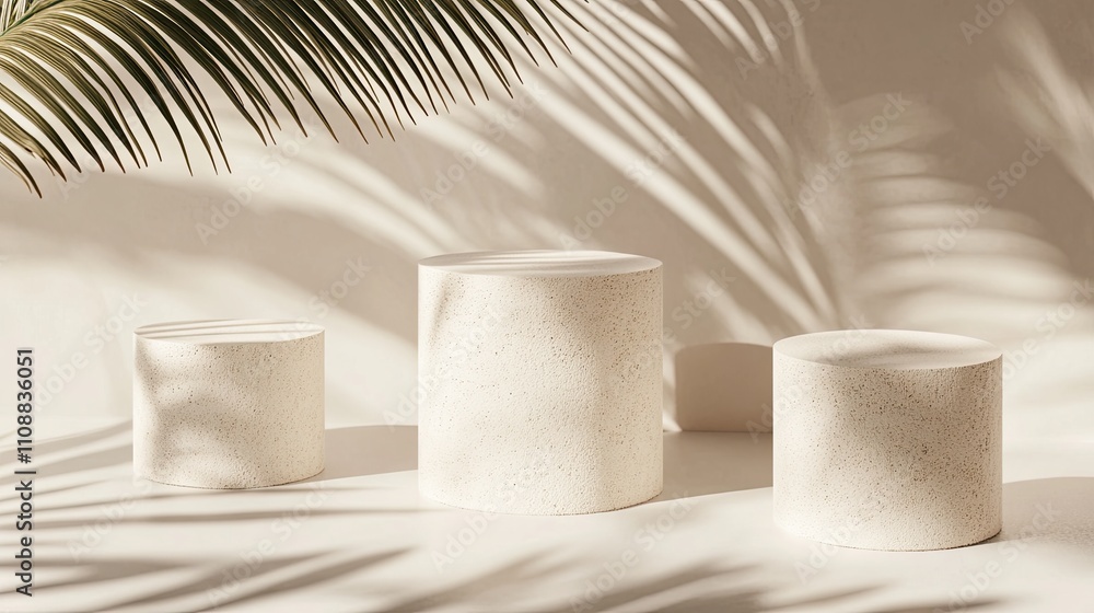Poster podiums with a white texture against a clean background combined with the natural shadow of an overh
