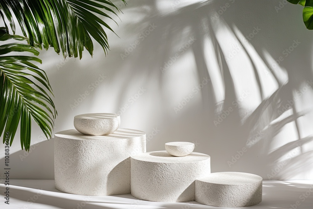 Poster podiums with a white texture against a clean background combined with the natural shadow of an overh