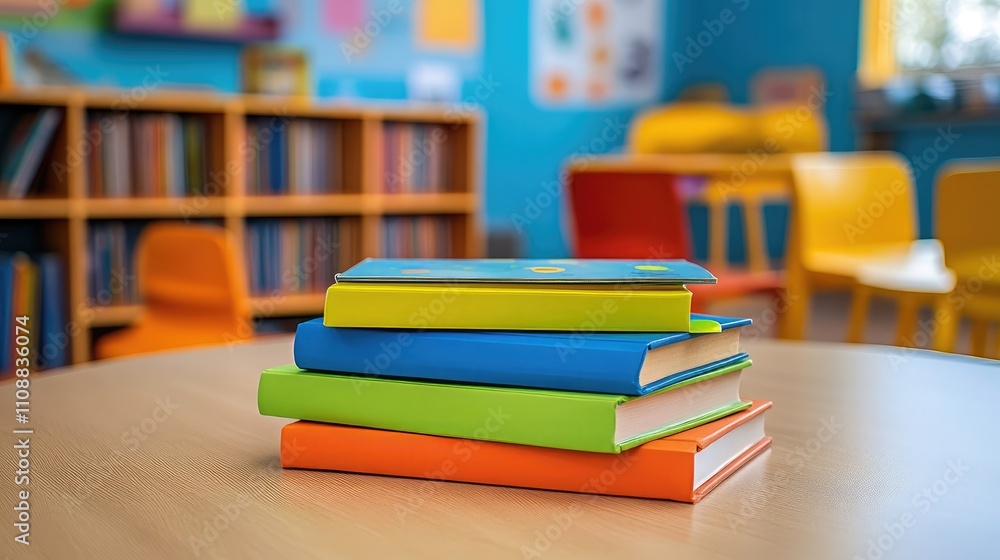 Poster stacked colorful books on a table in a bright classroom setting with chairs and bookshelves in the b