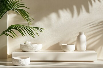 Podiums with a white texture against a clean background combined with the natural shadow of an overhanging palm leaf are ideal for displaying tropical-inspired products.