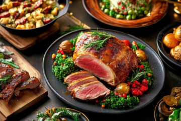 Christmas turkey with trimmings background