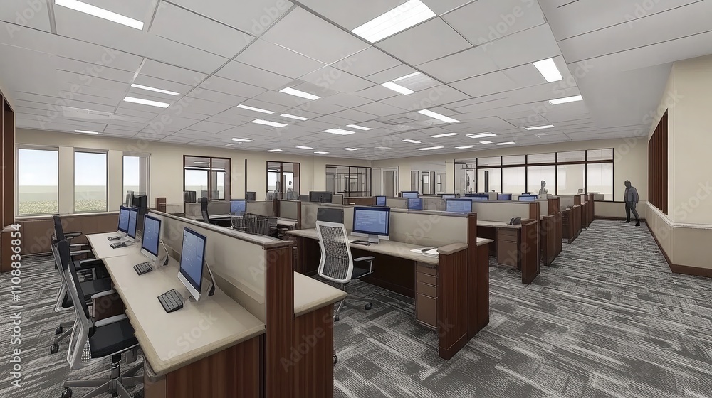 Aufkleber modern open office workspace with ergonomic desks and computers, featuring large windows and bright 
