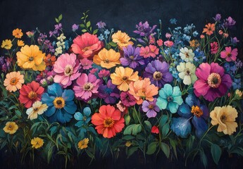 Fototapeta premium Vibrant Multicolor Floral Arrangement Featuring Various Blossoms, Perfect for Celebrating Nature's Beauty in Art, Decor, and Natural Inspirations