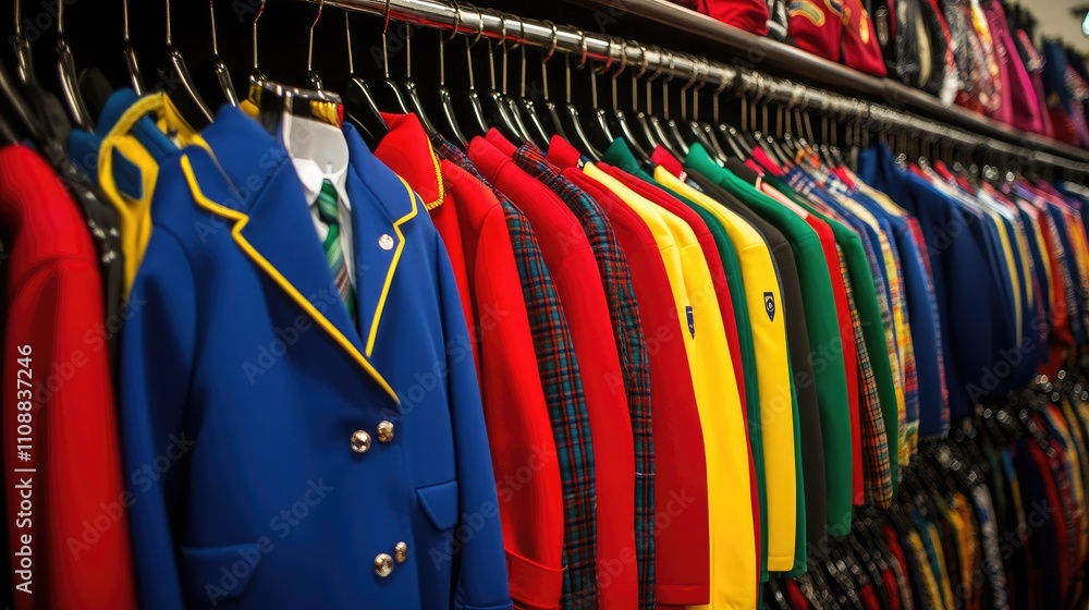 Poster a colorful display of tailored suits on hangers in a fashion store featuring various styles and brig