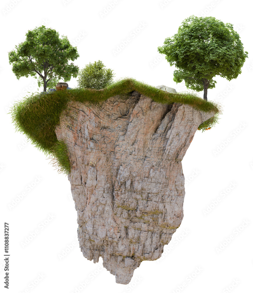 Poster png floating rock mountain with tree, 3d illustration rendering