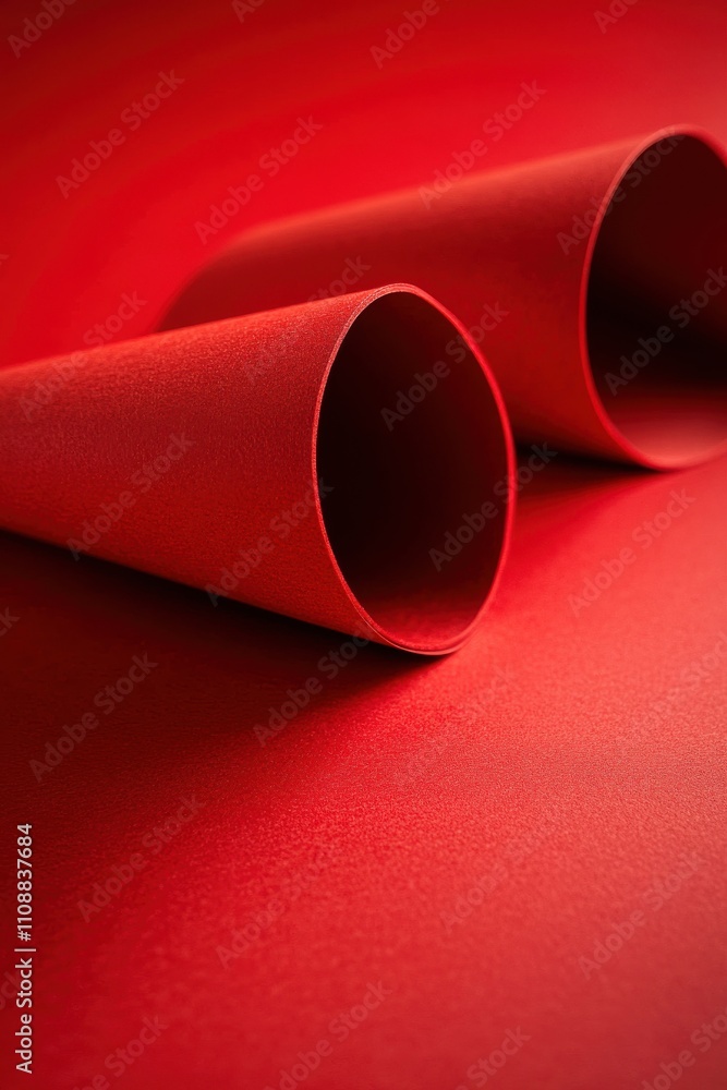 Poster vibrant red paper cones on a smooth red surface creating a minimalist composition for artistic or gr