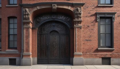 Brick wall with intricate stonework and ornate metalwork in an old Manhattan brownstone, stonework, architecture, historic