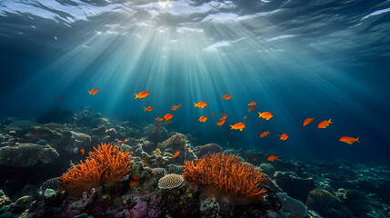 Obraz premium Sunbeams illuminate vibrant coral reef and orange fish underwater.