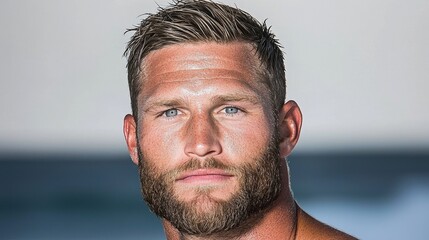 Fototapeta premium Handsome Man Portrait Blue Eyes Beard Ocean Background