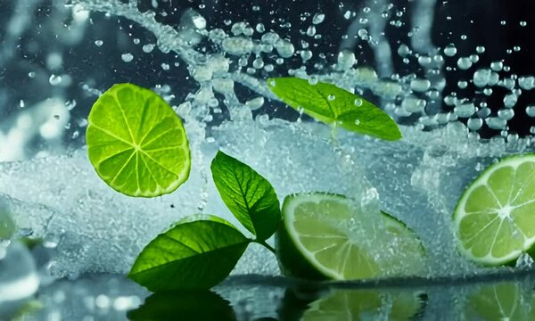 Fresh mint and lime splashing in water, creating a refreshing drink scene.
