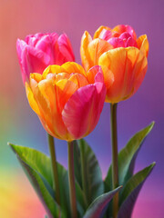 Obraz premium Close-up view of vibrant tulip flowers in full bloom with warm hues of pink and yellow