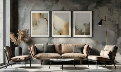 Modern living room design featuring elegant furniture and abstract wall art in a spacious setting