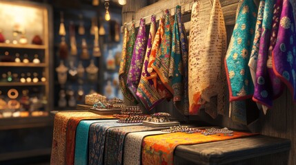 Colorful textiles displayed in a vibrant market setting.