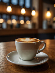 Fototapeta premium Coffee with Whipped Cream and Bokeh Cafe Ambiance