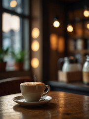 Fototapeta premium Coffee with Whipped Cream and Bokeh Cafe Ambiance