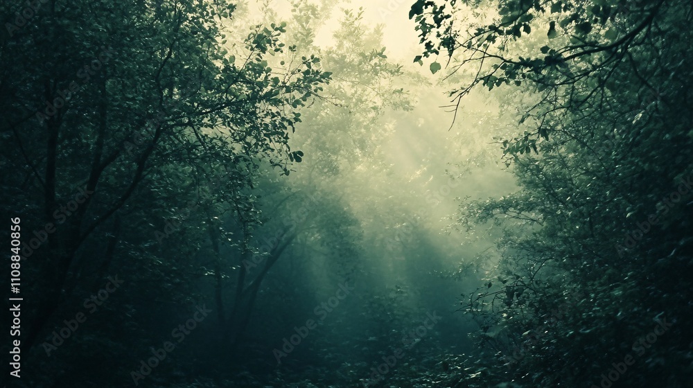 Poster sunbeams filtering through fog in dark forest creating surreal atmosphere