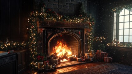 Fototapeta premium Cozy fireplace adorned with Christmas decorations and gifts.
