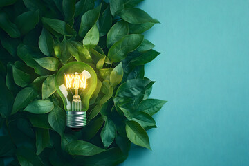 Green eco friendly lightbulb from fresh leaves top view. Energy saving, ecology and environment sustainable resources conservation concept...