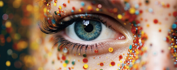 Close-up of an eye adorned with colorful glitter during a creative makeup session in a studio setting