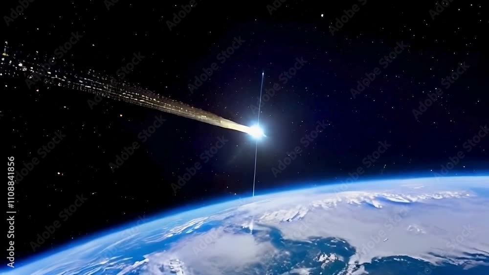 Poster satellite technology glowing data lines connecting continents in earths orbit for global connectivit