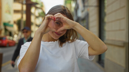 Fototapeta premium Young attractive blonde woman making a heart shape with her hands on an urban city street.