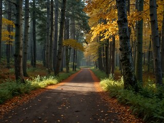 Fototapeta premium Serene forest path surrounded by tall trees and autumn leaves.