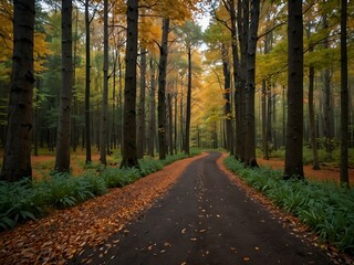 Fototapeta premium Serene forest path surrounded by tall trees and autumn leaves.