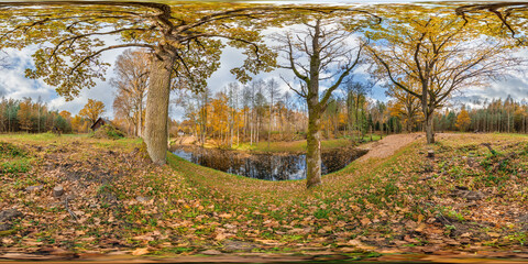 seamless spherical 360 hdri panorama in middle of oak forest near an abandoned pond or lake in...